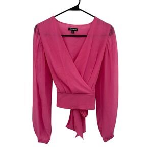 Y2K Pink Wrap Tie Back Long Sleeve Crop Top XS Coquette Romantic Going Out Party